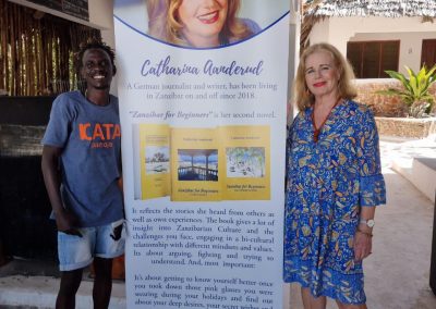 Kataruga Kombo and Catharina Aanderud promoting the German and the English version of “Zanzibar for Beginners – A crazy Lovestory at Red Monkey Beach Lodge”
